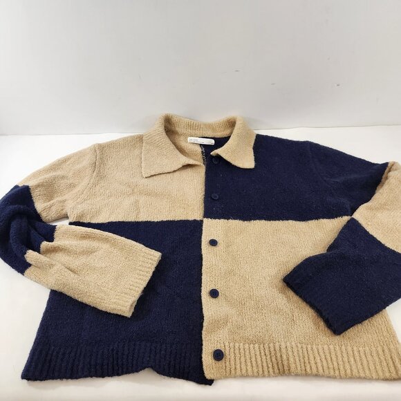 Oak & Fort Large Checkered Cardigan Size MEDIUM Blue Tan - Picture 1 of 8